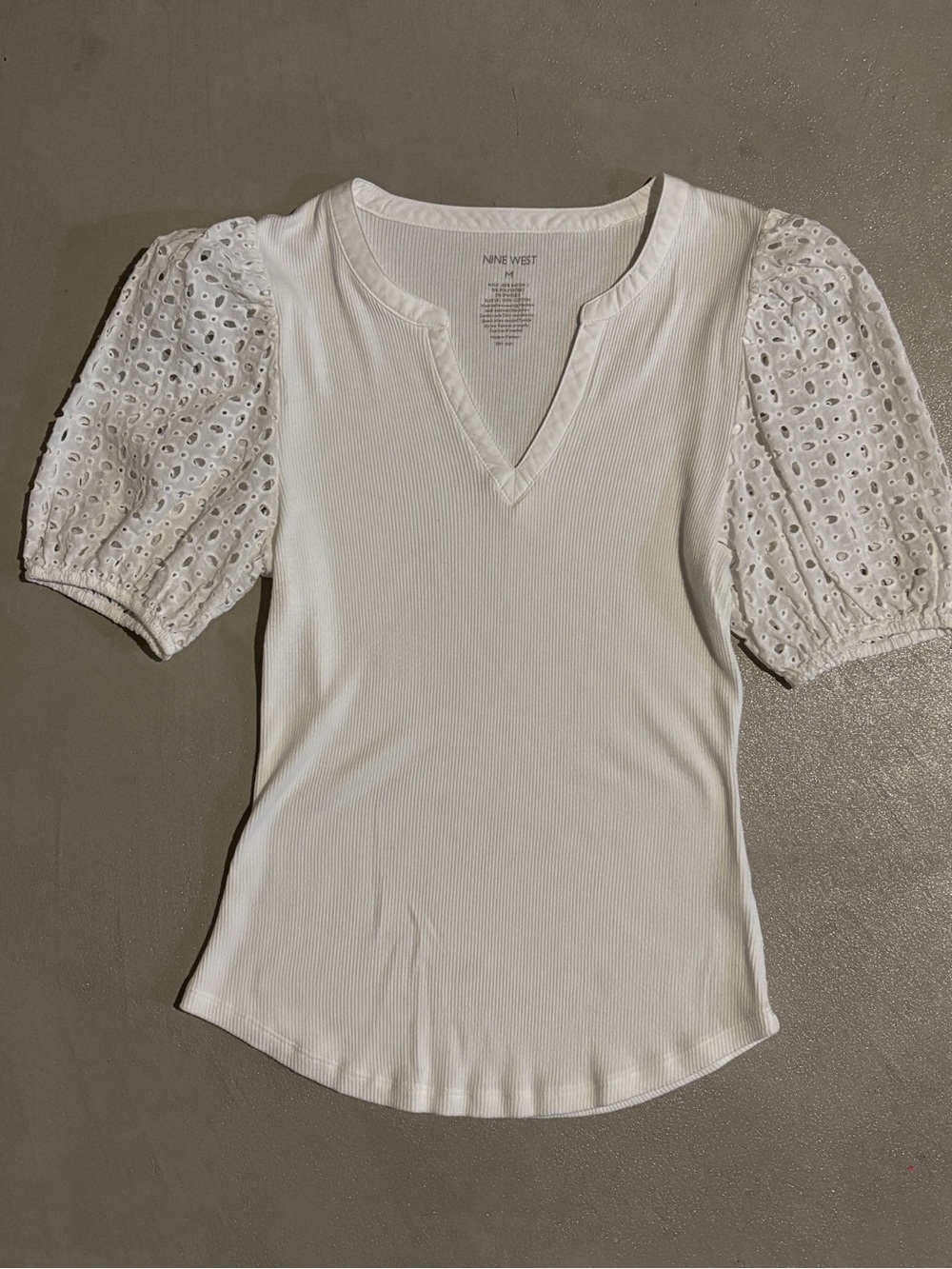 Nine West Eyelet Puff Sleeve Ribbed Top